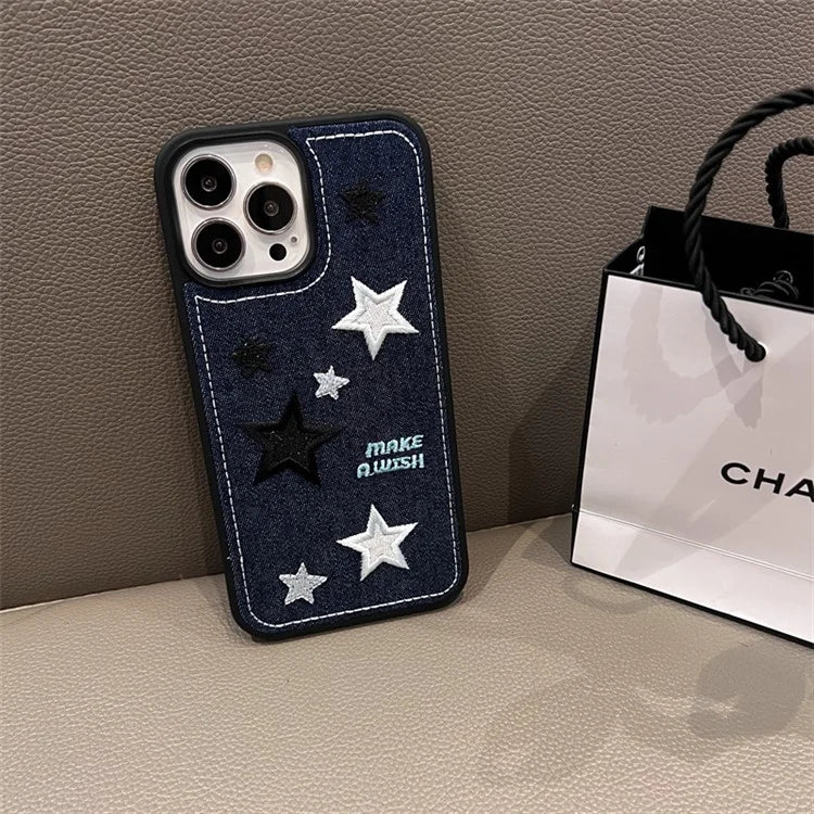 For iPhone 15 Pro Phone Case Denim Cloth+TPU Cover Embroidery Star Pattern