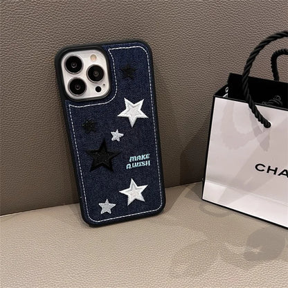 For iPhone 15 Pro Phone Case Denim Cloth+TPU Cover Embroidery Star Pattern
