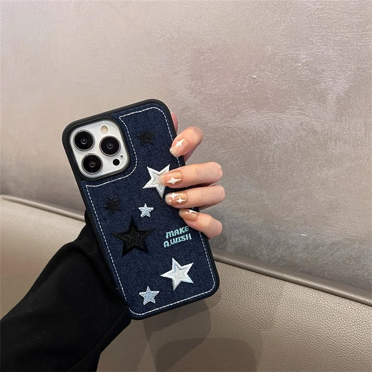 For iPhone 15 Pro Phone Case Denim Cloth+TPU Cover Embroidery Star Pattern