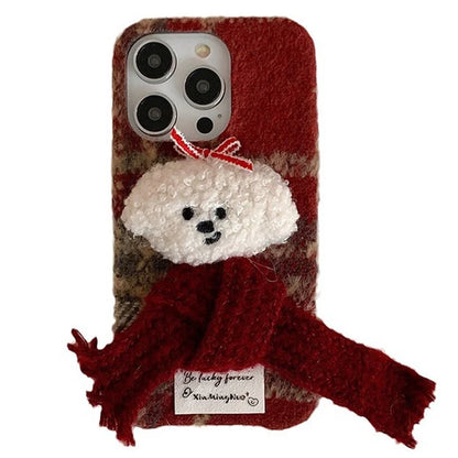 For iPhone 14 Pro Max Plush Christmas Scarf Dog TPU Fall Proof Phone Cover