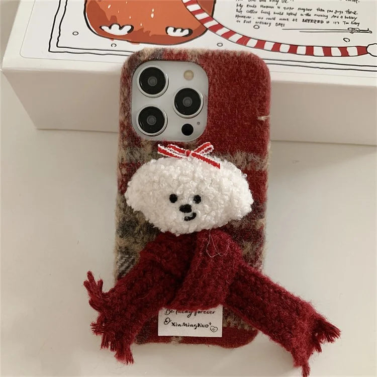 For iPhone 14 Pro Max Plush Christmas Scarf Dog TPU Fall Proof Phone Cover