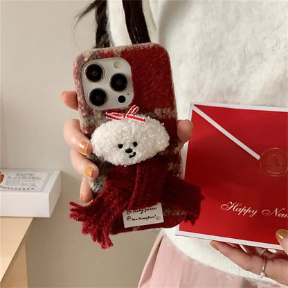 For iPhone 14 Pro Max Plush Christmas Scarf Dog TPU Fall Proof Phone Cover