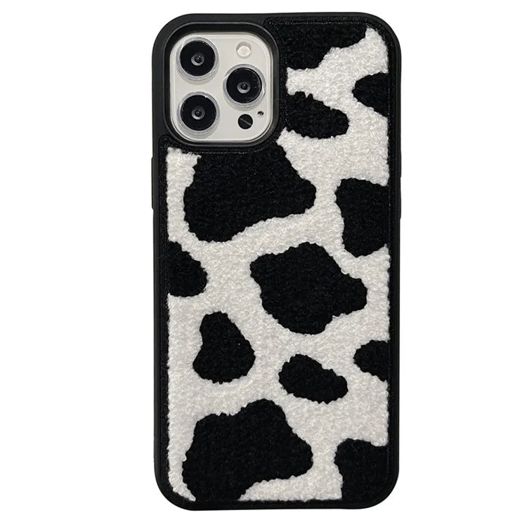 For iPhone 15 Pro Phone Case Plush TPU Cover Embroidered Cow Pattern