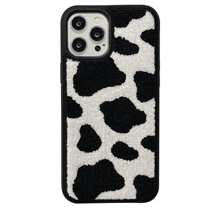 For iPhone 15 Pro Phone Case Plush TPU Cover Embroidered Cow Pattern