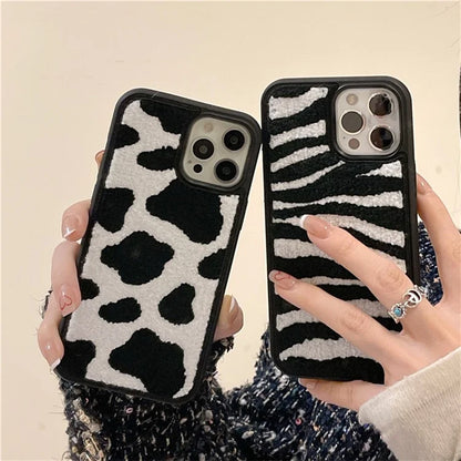 For iPhone 15 Pro Phone Case Plush TPU Cover Embroidered Cow Pattern