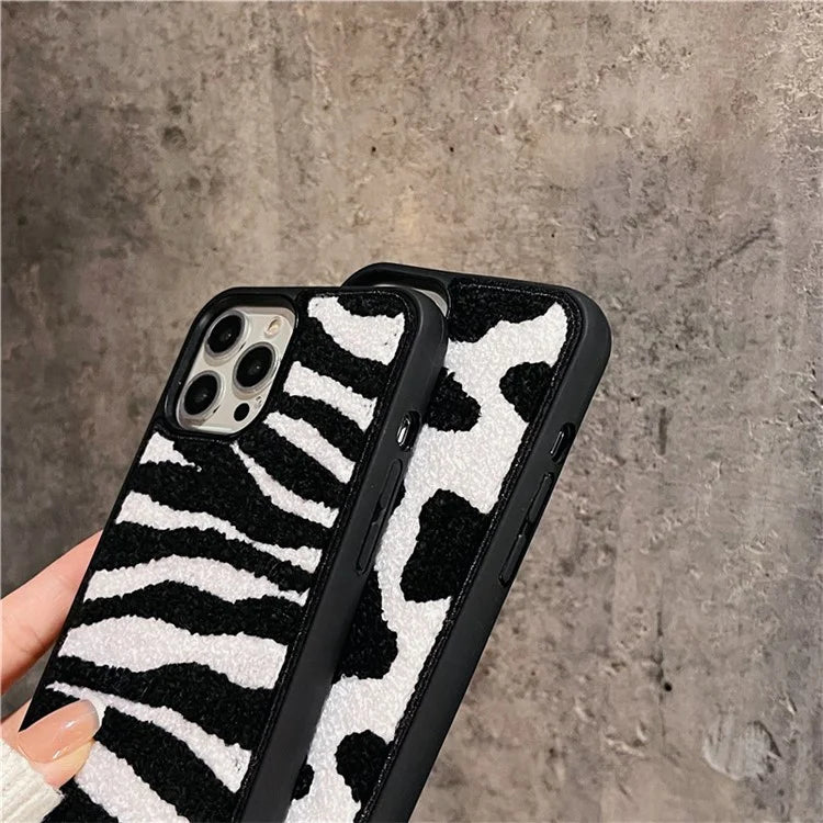 For iPhone 13 Pro TPU Case Cow Pattern Plush Embroidered Phone Cover