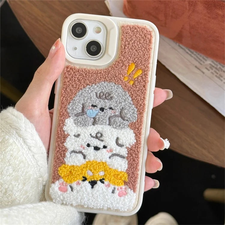 Protective Cover for iPhone 13 , Cute Plush Cartoon Dogs Embroidery Cell Phone Case