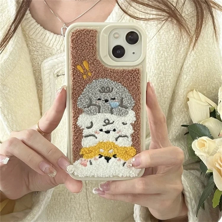 Protective Cover for iPhone 13 , Cute Plush Cartoon Dogs Embroidery Cell Phone Case