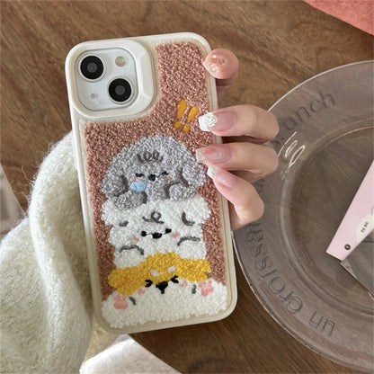 Protective Cover for iPhone 13 , Cute Plush Cartoon Dogs Embroidery Cell Phone Case