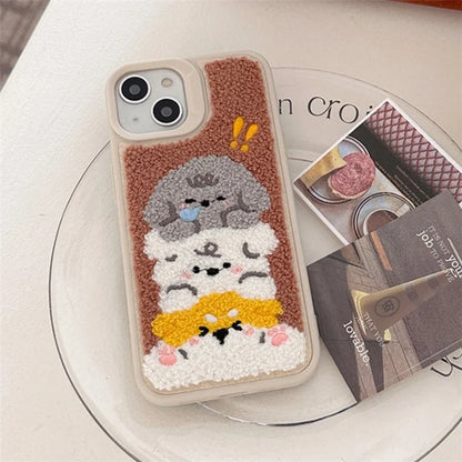 Protective Cover for iPhone 13 , Cute Plush Cartoon Dogs Embroidery Cell Phone Case
