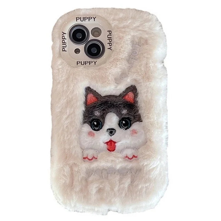 For iPhone 13 TPU Case Winter Plush Cartoon Animal Embroidery Cell Phone Cover