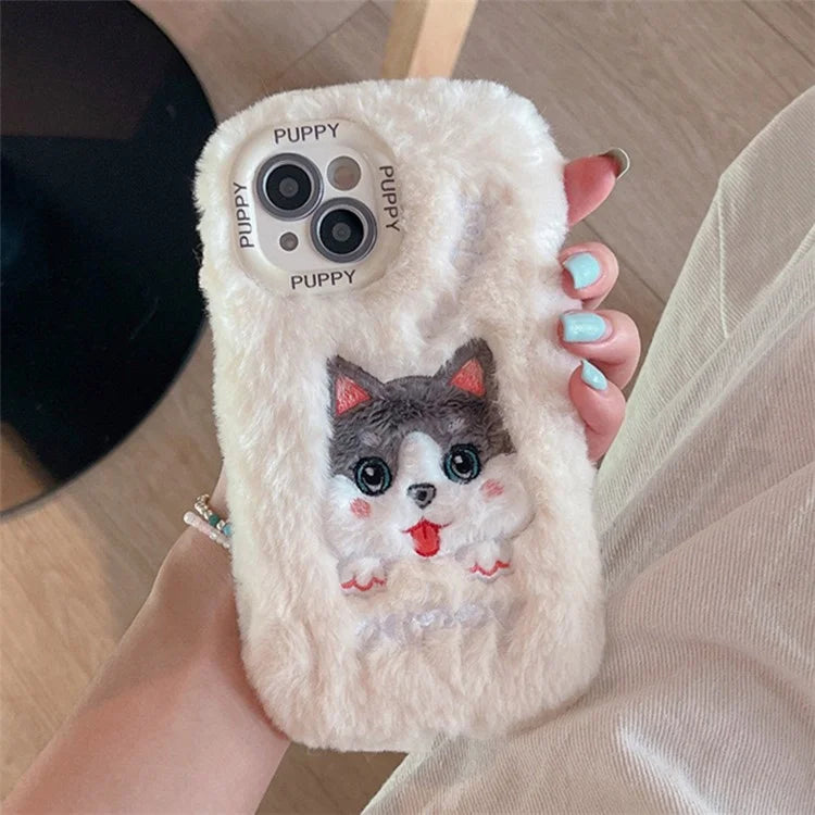 For iPhone 13 TPU Case Winter Plush Cartoon Animal Embroidery Cell Phone Cover