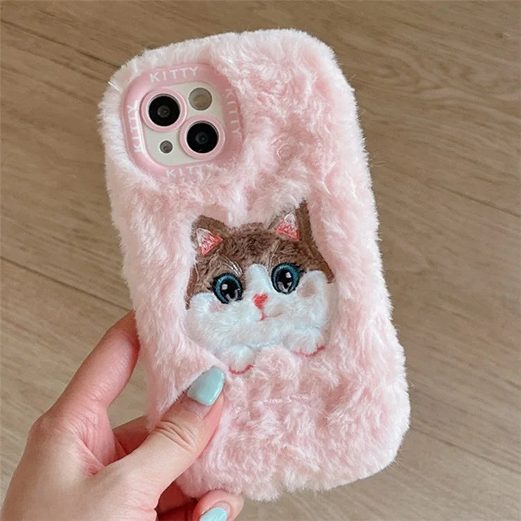 For iPhone 13 TPU Case Winter Plush Cartoon Animal Embroidery Cell Phone Cover