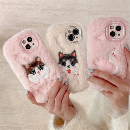 For iPhone 13 TPU Case Winter Plush Cartoon Animal Embroidery Cell Phone Cover
