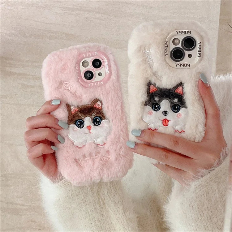 For iPhone 13 TPU Case Winter Plush Cartoon Animal Embroidery Cell Phone Cover