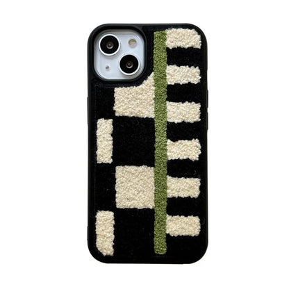 For iPhone 15 Plus TPU Case Checkerboard Stripe Embroidery Plush Phone Cover