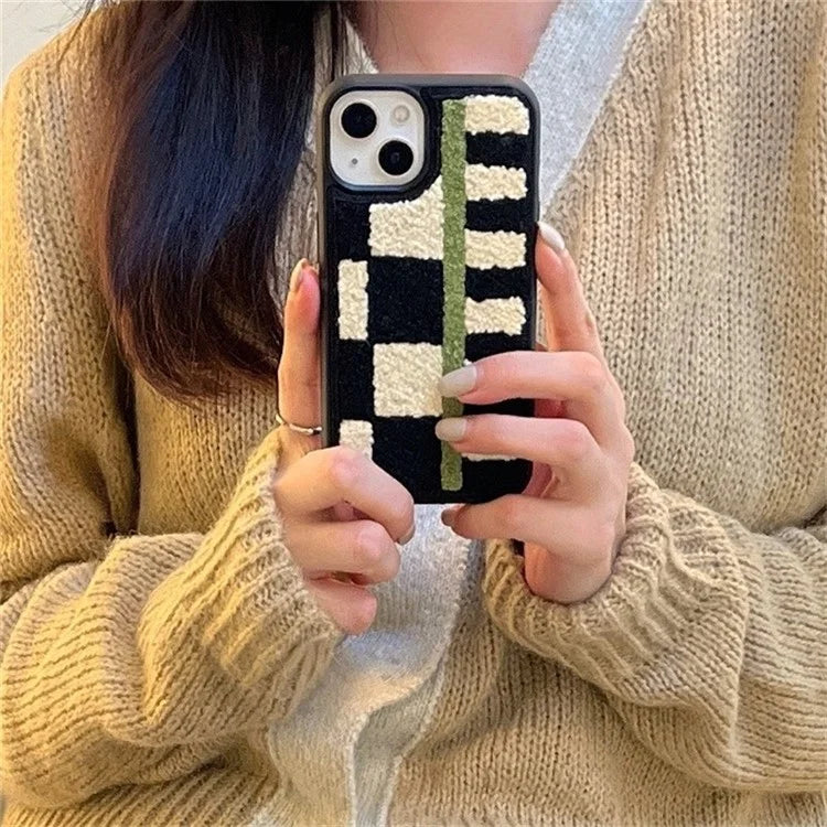 For iPhone 15 Plus TPU Case Checkerboard Stripe Embroidery Plush Phone Cover