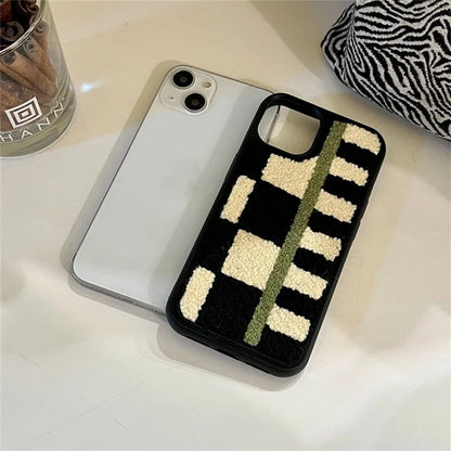 For iPhone 15 Plus TPU Case Checkerboard Stripe Embroidery Plush Phone Cover