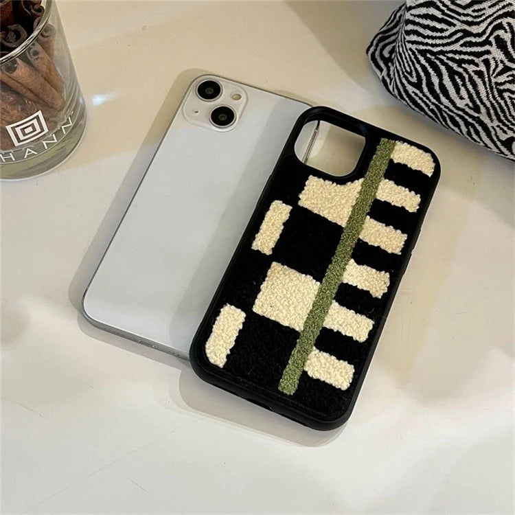 For iPhone 14 Plush Phone Case Checkerboard Stripe Embroidery TPU Cover