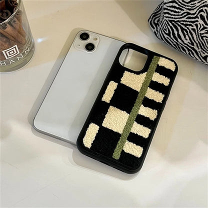 For iPhone 14 Plush Phone Case Checkerboard Stripe Embroidery TPU Cover