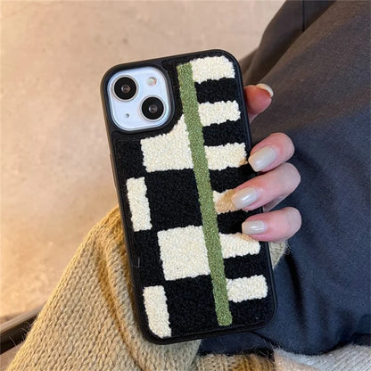 For iPhone 14 Plush Phone Case Checkerboard Stripe Embroidery TPU Cover