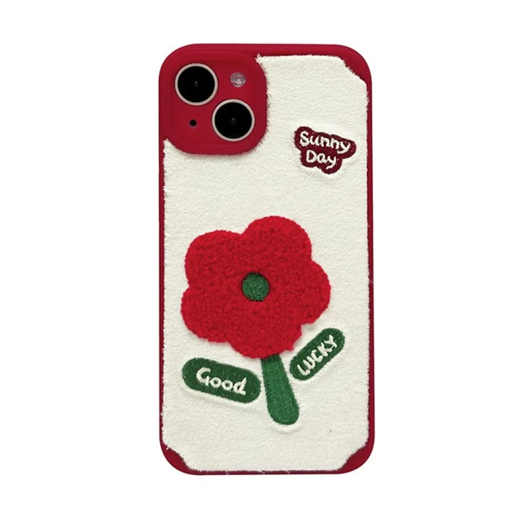 For iPhone 15 TPU Case Plush Phone Cover Embroidery Flower Pattern