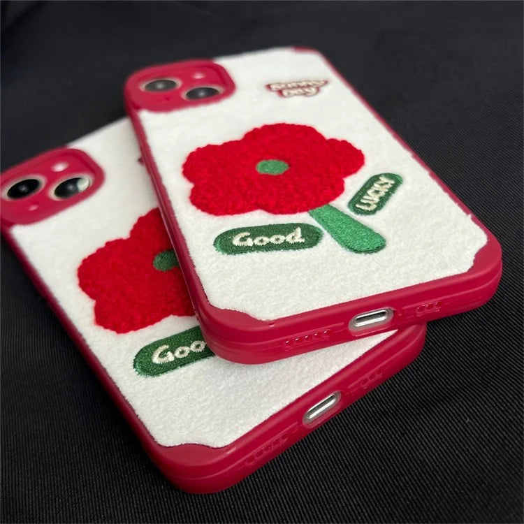 For iPhone 15 TPU Case Plush Phone Cover Embroidery Flower Pattern