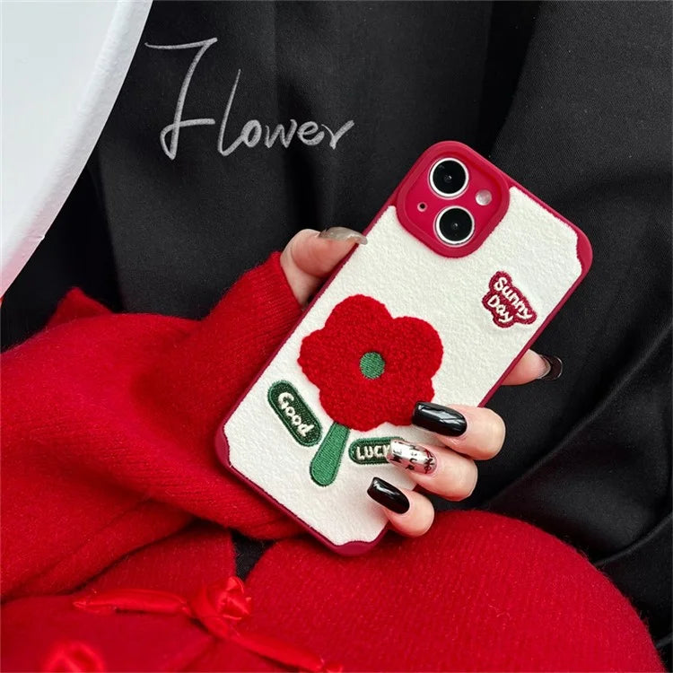 For iPhone 15 TPU Case Plush Phone Cover Embroidery Flower Pattern