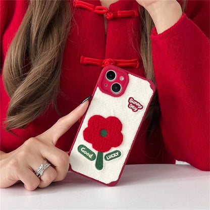 For iPhone 15 TPU Case Plush Phone Cover Embroidery Flower Pattern