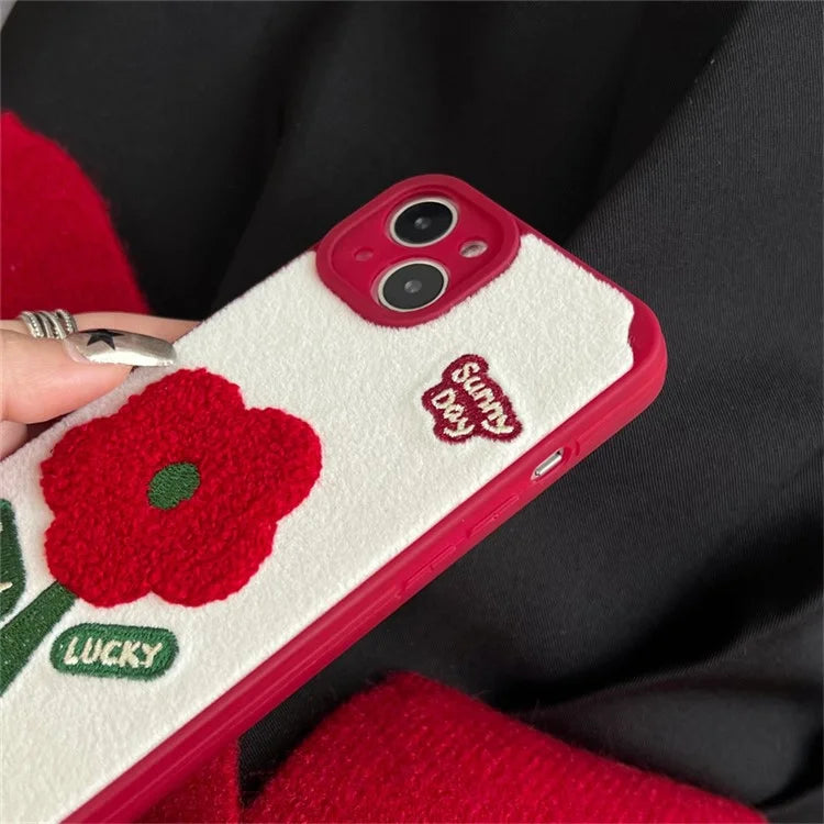 For iPhone 15 TPU Case Plush Phone Cover Embroidery Flower Pattern