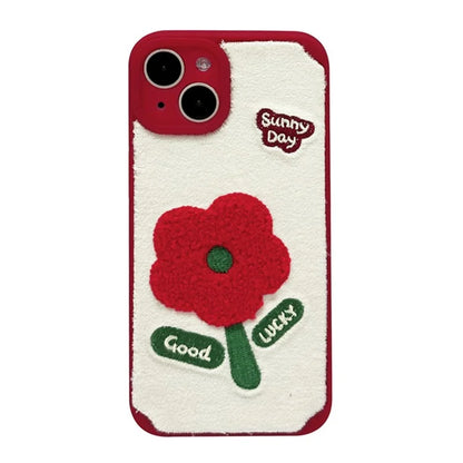 For iPhone 14 Plus TPU Case Plush Embroidery Flower Protective Phone Cover