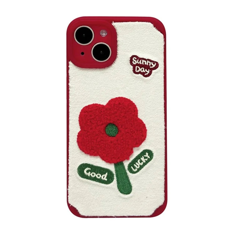 For iPhone 14 Phone Case Plush Embroidery Flower Soft TPU Cover