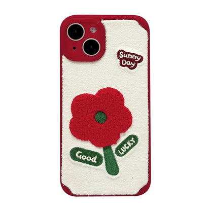 For iPhone 14 Phone Case Plush Embroidery Flower Soft TPU Cover