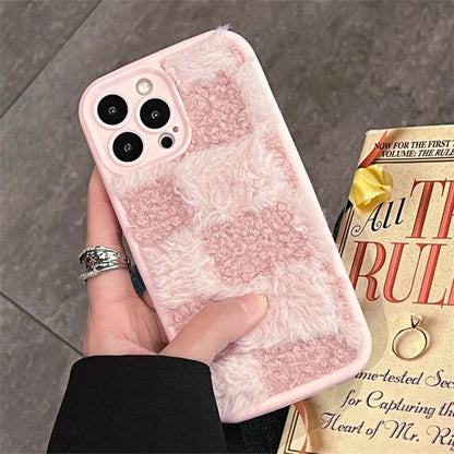 For iPhone 14 Pro Max Case Grid Design Winter Plush TPU Cell Phone Cover