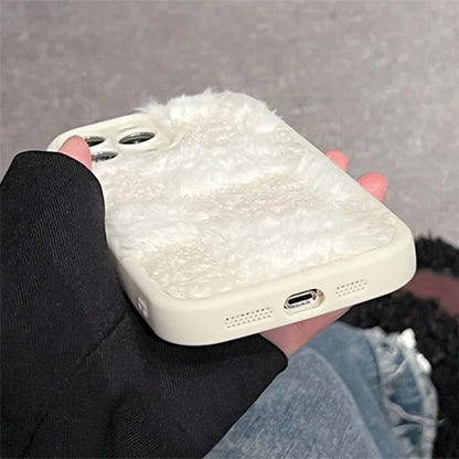 For iPhone 14 Pro Max Case Grid Design Winter Plush TPU Cell Phone Cover