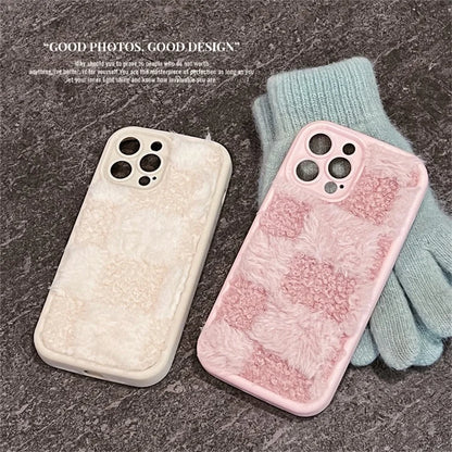 For iPhone 13 Pro Case Grid Design Winter Plush TPU Drop-proof Phone Cover