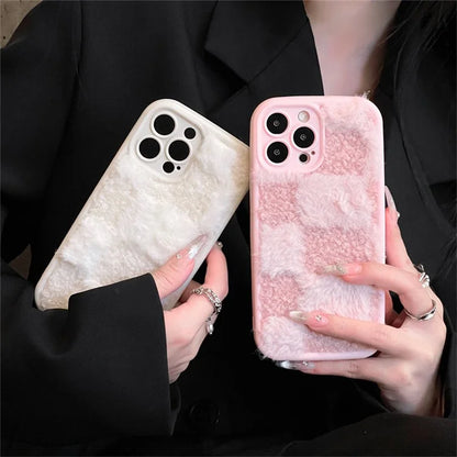 For iPhone 13 Pro Case Grid Design Winter Plush TPU Drop-proof Phone Cover
