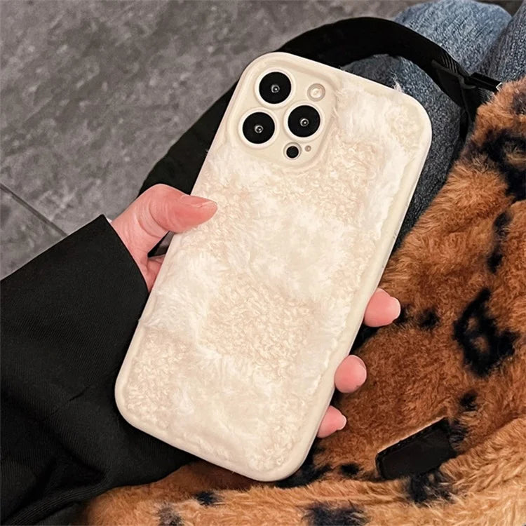 For iPhone 13 Pro Max Cell Phone Case Grid Design Plush TPU Shockproof Cover