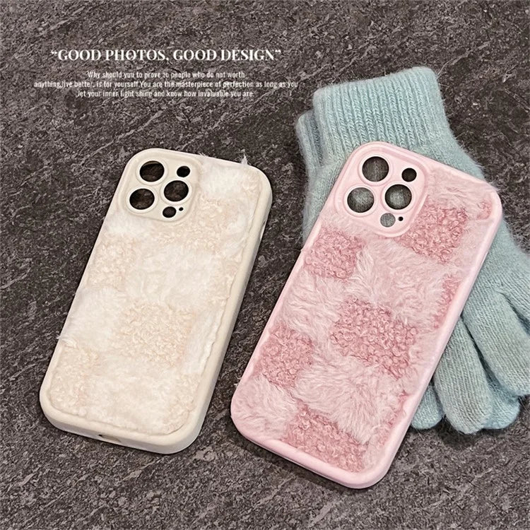 For iPhone 13 Pro Max Cell Phone Case Grid Design Plush TPU Shockproof Cover