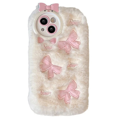 For iPhone 15 Plus Case Shockproof Plush Cute Bowknot Embroidery Silicone Cover
