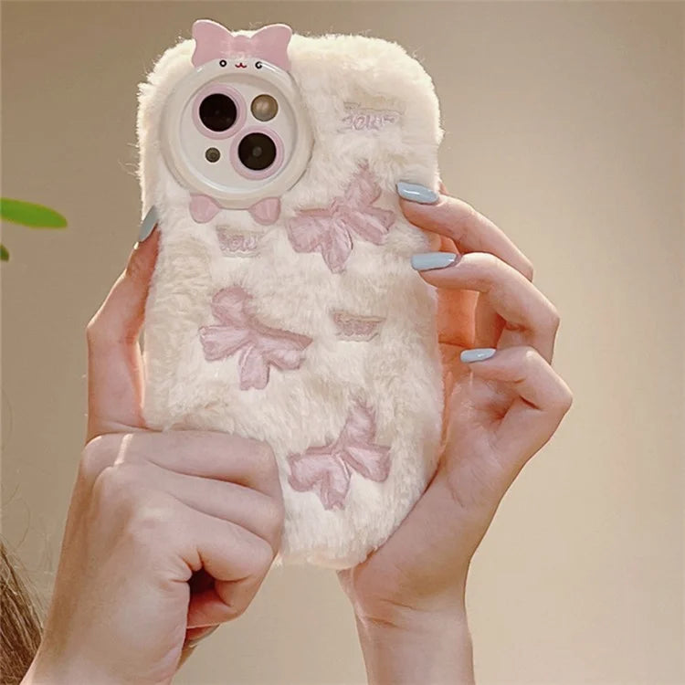 For iPhone 15 Plus Case Shockproof Plush Cute Bowknot Embroidery Silicone Cover