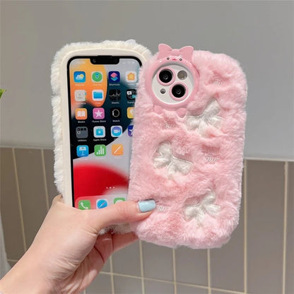 For iPhone 15 Plus Case Shockproof Plush Cute Bowknot Embroidery Silicone Cover