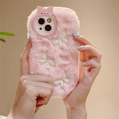 For iPhone 15 Plus Case Shockproof Plush Cute Bowknot Embroidery Silicone Cover