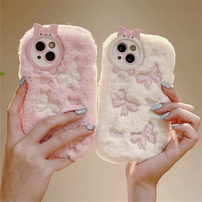 For iPhone 15 Plus Case Shockproof Plush Cute Bowknot Embroidery Silicone Cover