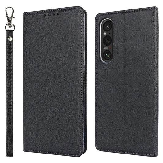 PU Leather Phone Shell for Sony Xperia 1 V Silk Texture Stand Wallet Phone Case Cover