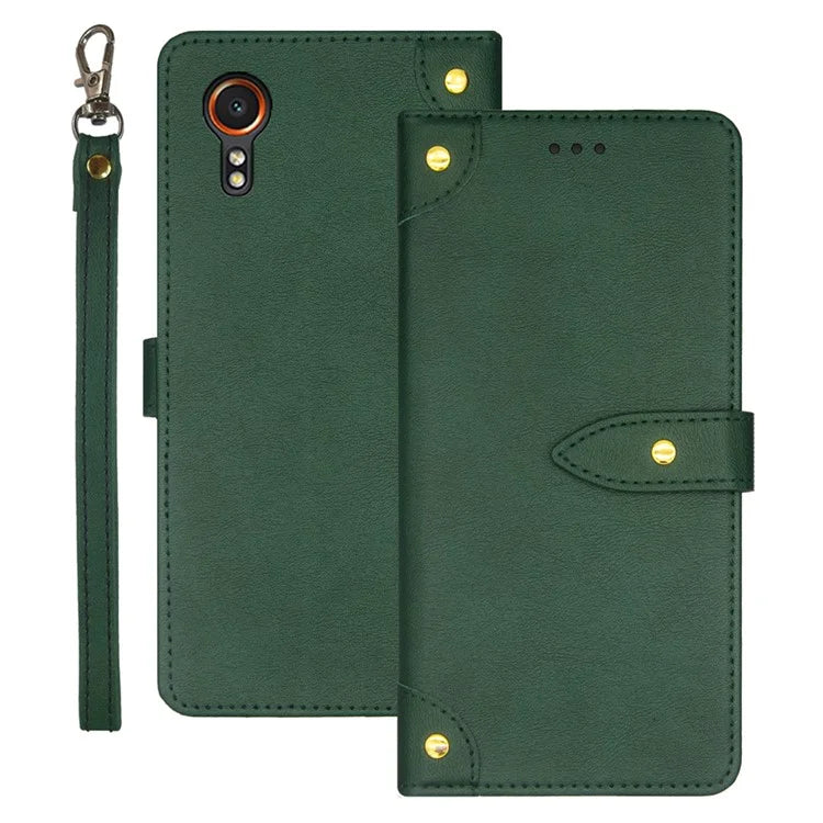 IDEWEI For Samsung Galaxy Xcover 7 Cover Gold Button Decor Leather Card Holder Cell Phone Case