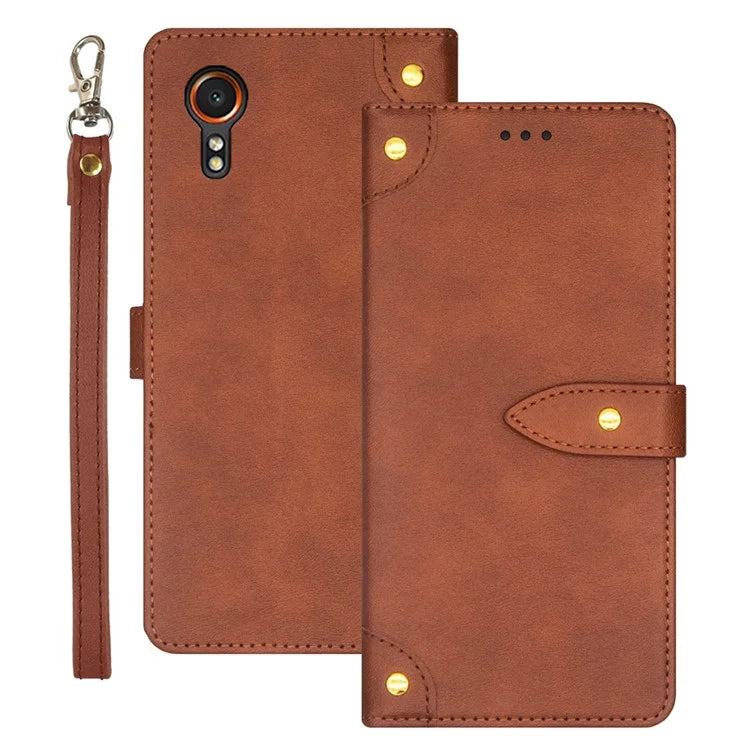 IDEWEI For Samsung Galaxy Xcover 7 Cover Gold Button Decor Leather Card Holder Cell Phone Case