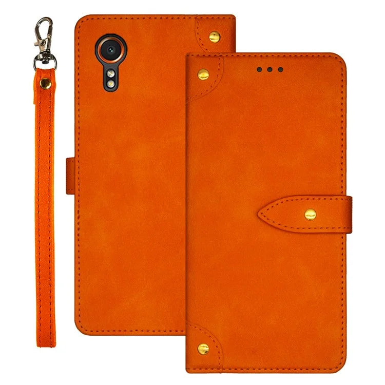 IDEWEI For Samsung Galaxy Xcover 7 Cover Gold Button Decor Leather Card Holder Cell Phone Case