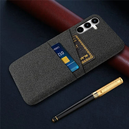For Samsung Galaxy A35 5G Slim-Fit Cell Phone Case Dual Card Slots PC+Cloth Phone Back Shell