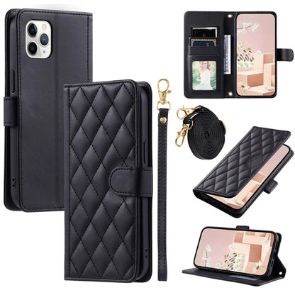 For iPhone 11 Pro Max Leather Case Stitching Rhombus Grid Crossbody Phone Cover